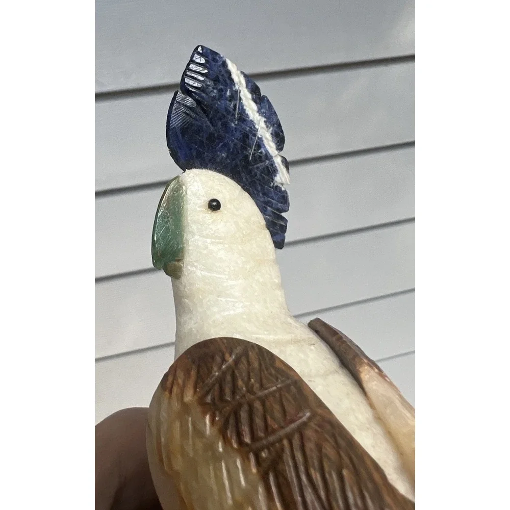 Hand Carved Gemstone Cockatoo Bird Figurine on Amethyst Geode Base 6